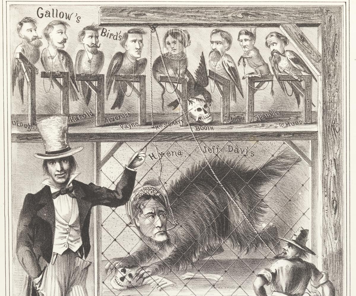 Detail from a political cartoon showing Jefferson Davis as a hyena wearing a bonnet in a cage underneath a gallows at "Uncle Sam's menagerie." Above Davis's cage is a row of smaller gallows on which perch "gallows birds" with the heads of John Wilkes Booth and other men and women associated with Lincoln's assassination.