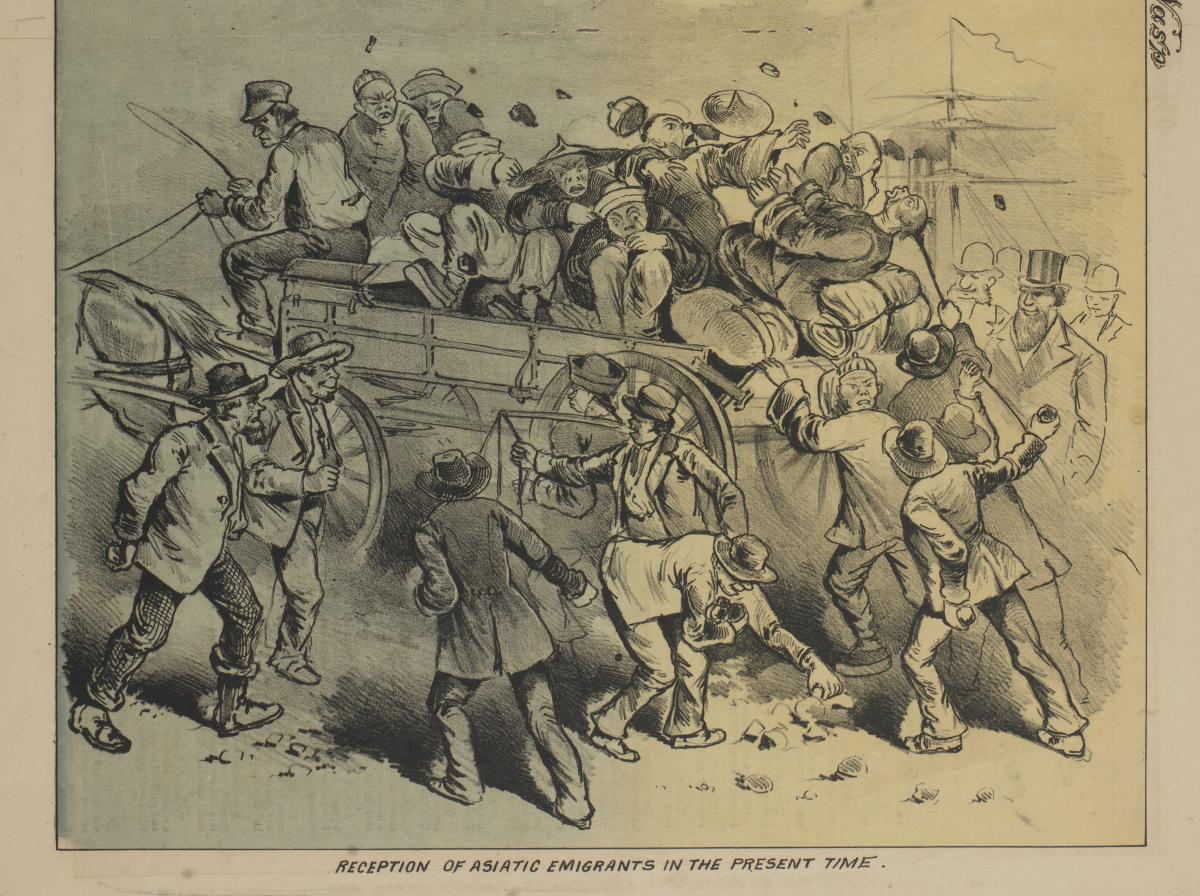 Detail of cartoon showing Chinese immigrants in a wagon being attacked by a mob at the docks
