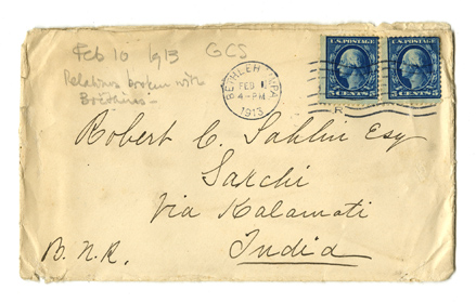 Envelope of letter from Gertrude Chandler Sahlin to her son, Robert Chandler Sahlin. 1913.