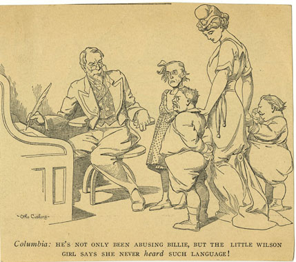Political cartoon showing Columbia and Uncle Sam as parents disciplining politicians drawn as children, including Woodrow Wilson as a little girl.