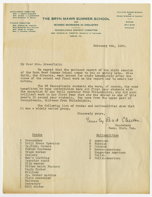 Letter from the Bryn Mawr Summer School to Edna Greenfield, February 6, 1930