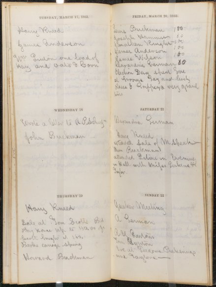 George F. Parry 1863 diary showing March 17-22