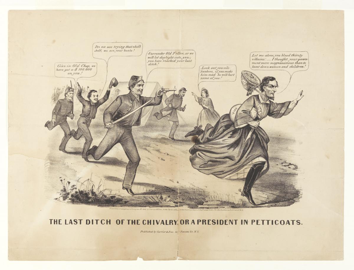 Political cartoon showing Jefferson Davis in a dress and bonnet, fleeing from Union troops