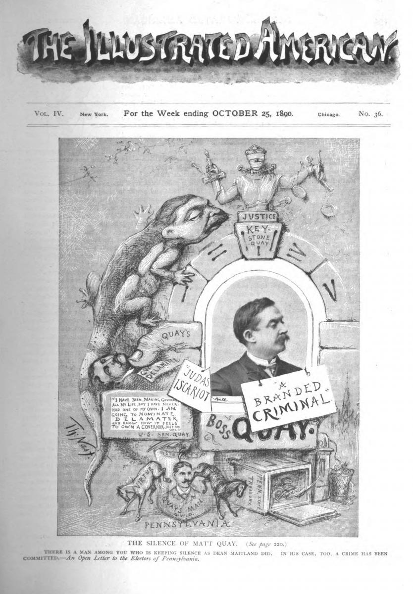 Xeroxed cover image of The Illustrated American for the week ending October 25, 1890, featuring "The Silence of Matt Quay" as cover artwork